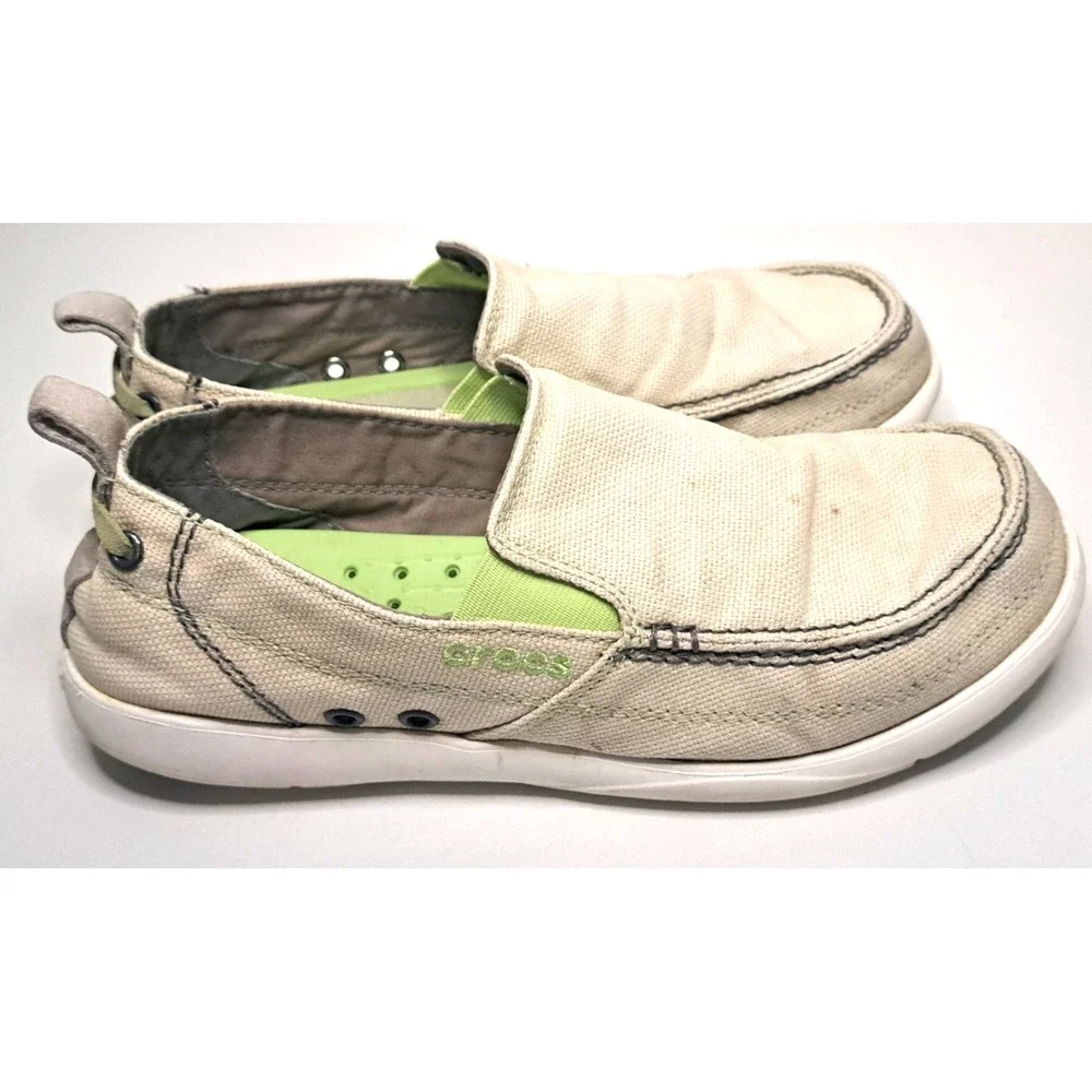2 Pair CROCS Walu Slip-on Loafers Boat Shoes Mens 8M Navy Beige Flaws